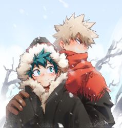 Rule 34 | 2boys, artist name, bakugou katsuki, bare tree, blonde hair, blush, boku no hero academia, chrispplus, freckles, fringe trim, fur-trimmed jacket, fur trim, gloves, green eyes, green hair, hand on another&#039;s shoulder, highres, jacket, looking at another, looking away, male focus, midoriya izuku, multiple boys, red eyes, red scarf, scarf, scarf over mouth, snowing, spiked hair, tree, winter clothes, yaoi