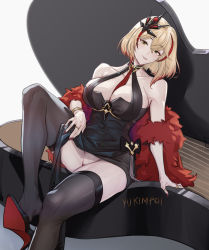 Rule 34 | 1girl, azur lane, bare shoulders, blonde hair, breasts, cleavage, clothes lift, dress, feather boa, grand piano, halter dress, halterneck, head tilt, headgear, highres, instrument, lifted by self, looking at viewer, multicolored hair, no panties, piano, roon (azur lane), roon (viridescent lullaby) (azur lane), shoe dangle, skirt, skirt lift, streaked hair, thighhighs, tight clothes, tight dress, yukimpoi