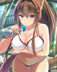 Rule 34 | 10s, 1girl, bad id, bad twitter id, bikini, blush, bottle, breasts, brown hair, bust cup, cleavage, closed mouth, collarbone, cowboy shot, day, fisheye, food, fruit, gluteal fold, hair between eyes, hair intakes, highres, kantai collection, kuroame (kurinohana), large breasts, leaning forward, long hair, looking at viewer, navel, outdoors, plump, ponytail, red eyes, skindentation, solo, swimsuit, very long hair, water bottle, watermelon, white bikini, yamato (kancolle)