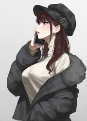 Rule 34 | 1girl, :o, black coat, blue eyes, breasts, brown hair, brown shirt, cellphone, coat, commentary request, earrings, grey background, hair between eyes, highres, holding, holding phone, jewelry, kaminari doon, large breasts, light blush, long hair, looking up, open mouth, original, phone, shirt, simple background, smartphone, solo, standing, upper body