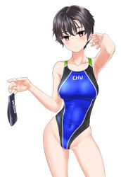 Rule 34 | 1girl, absurdres, black hair, black headwear, blue one-piece swimsuit, breasts, brown eyes, collarbone, commentary request, competition swimsuit, contrapposto, covered navel, cowboy shot, groin, highleg, highres, holding, medium breasts, multicolored clothes, multicolored swimsuit, one-piece swimsuit, original, parted lips, short hair, simple background, solo, swim cap, swimsuit, takafumi, tomboy, unworn swim cap, white background