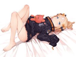 Rule 34 | 1girl, abigail williams (fate), abigail williams (traveling outfit) (fate), barefoot, belt, black bow, black jacket, blonde hair, blue eyes, blush, bow, crossed bandaids, fate/grand order, fate (series), feet, forehead, frills, haijin, hair bow, hair bun, heroic spirit traveling outfit, holding, holding stuffed toy, jacket, long hair, long sleeves, looking at viewer, lying, hugging object, official alternate costume, on back, orange belt, orange bow, panties, panty pull, parted bangs, polka dot, polka dot bow, simple background, single hair bun, sleeves past fingers, sleeves past wrists, solo, stuffed animal, stuffed toy, teddy bear, underwear, white background, white panties