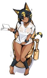 Rule 34 | 1girl, ?, absurdres, animal crossing, animal ears, ankha (animal crossing), barefoot, black eyes, black legwear, book, breasts, cat ears, cat girl, cat tail, clothes writing, dark-skinned female, dark skin, highres, holding, holding book, humanization, jovejun, large breasts, looking at viewer, nintendo, personification, shirt, short sleeves, sitting, solo, tail, tan, toilet, translation request