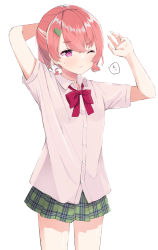 Rule 34 | 1girl, absurdres, akagikou, arm behind head, arms up, blush, bow, closed mouth, collared shirt, commentary request, dress shirt, earrings, fang, fang out, green skirt, hair between eyes, hair ornament, hairclip, highres, jewelry, looking away, multicolored hair, nijisanji, one eye closed, pink hair, plaid, plaid skirt, pleated skirt, ponytail, purple eyes, red bow, sasaki saku, shirt, short sleeves, simple background, skirt, solo, streaked hair, sweat, virtual youtuber, white background, white hair, white shirt