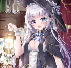 Rule 34 | 1girl, animal, black capelet, black dress, black headwear, black nails, blue bow, blue eyes, blush, bottle, bow, breasts, brooch, bug, butterfly, capelet, cleavage, commentary request, curtains, dress, eyeball, fire, frilled headwear, grey hair, hand up, heterochromia, holding, insect, insect collection, jewelry, kohinata hoshimi, lantern, long hair, looking at viewer, medium breasts, nail polish, original, purple eyes, solo, striped, striped bow, upper body, very long hair, wrist cuffs