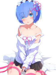 Rule 34 | 1girl, :o, absurdres, alternate costume, bare shoulders, bed sheet, black skirt, blue eyes, blue hair, blush, breasts, camisole, cleavage, collarbone, commentary, flower knot, frills, hair ornament, hair over one eye, hair ribbon, hairband, hairclip, highres, keis (locrian1357), lolita hairband, long sleeves, looking at viewer, medium breasts, miniskirt, off shoulder, open clothes, open mouth, open shirt, own hands together, pink ribbon, re:zero kara hajimeru isekai seikatsu, rem (re:zero), ribbon, shirt, short hair, sitting, skirt, solo, strap slip, wariza, white legwear, white shirt, x hair ornament