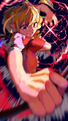 Rule 34 | 1girl, absurdres, ascot, blonde hair, blurry, blurry background, blurry foreground, crystal, fang, flandre scarlet, frilled skirt, frills, hand up, highres, holding, light particles, magic, one side up, open mouth, puffy short sleeves, puffy sleeves, red eyes, red skirt, red vest, shirt, short hair, short sleeves, skirt, solo, speed lines, teeth, touhou, vest, white shirt, wings, yellow ascot, yuara