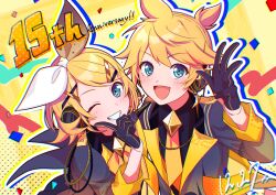 Rule 34 | 1boy, 1girl, absurdres, black gloves, blonde hair, blush, bow, commentary request, confetti, dated, gloves, green eyes, hair ornament, hairclip, headphones, highres, kagamine len, kagamine rin, lapels, long sleeves, looking at viewer, necktie, one eye closed, open mouth, orange necktie, short hair, sleeves past elbows, smile, taro14 tea, teeth, upper body, vocaloid
