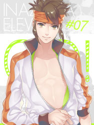Rule 34 | 1boy, bad id, bad pixiv id, brown eyes, brown hair, endou mamoru, headband, inazuma eleven, inazuma eleven (series), inazuma eleven go, jacket, kinm, male focus, aged up, open clothes, pectorals, short hair, smile, solo, unzipping, upper body
