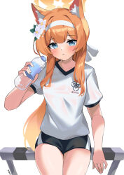Rule 34 | 1girl, animal ear fluff, animal ears, bcag., black shorts, blue archive, blue eyes, blush, bottle, cat ears, closed mouth, cowboy shot, flower, hair flower, hair ornament, halo, headband, highres, holding, holding bottle, long hair, looking at viewer, mari (blue archive), mari (track) (blue archive), orange hair, shirt, short sleeves, shorts, simple background, solo, water bottle, white background, white flower, white headband, white shirt, yellow halo