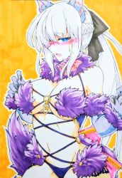 Rule 34 | 1girl, absurdres, animal ears, black bow, blue eyes, blush, bow, braid, claw pose, collarbone, colored pencil (medium), cosplay, elbow gloves, embarrassed, fate/grand order, fate (series), french braid, fur-trimmed gloves, fur-trimmed legwear, fur bikini, fur collar, fur trim, gloves, halloween costume, highres, long hair, looking at viewer, mash kyrielight, mash kyrielight (dangerous beast), mash kyrielight (dangerous beast) (cosplay), morgan le fay (fate), o-ring, o-ring top, open mouth, ponytail, purple gloves, purple tail, rarudo8901, revealing clothes, solo, sweatdrop, tail, traditional media, white hair, wolf ears, wolf tail