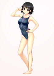 Rule 34 | 1girl, absurdres, asics, bare legs, barefoot, black eyes, black hair, breasts, collarbone, competition swimsuit, covered navel, hand on own hip, highleg, highleg swimsuit, highres, kuri (kurigohan), looking at viewer, one-piece swimsuit, original, short hair, solo, standing, swimsuit, v over eye