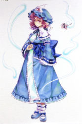 Rule 34 | black ribbon, blue bow, blue dress, blue footwear, bobby socks, bow, capelet, cherry blossoms, closed mouth, dress, faux traditional media, frilled dress, frilled sleeves, frills, from side, full body, hat, highres, hitodama, japanese clothes, kimono, long sleeves, looking away, mary janes, mob cap, neck ribbon, obi, pink eyes, pink hair, ribbon, saigyouji yuyuko, sash, shoes, short hair, socha, socks, solo, touhou, triangular headpiece, white socks, wide sleeves
