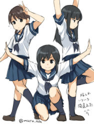 Rule 34 | &gt;:), 10s, arms up, black hair, blunt bangs, blush, brown eyes, brown hair, flying sweatdrops, fubuki (kancolle), hatsuyuki (kancolle), kantai collection, kneehighs, leg up, long hair, looking at viewer, maruki (punchiki), multiple girls, outstretched arms, pleated skirt, school uniform, serafuku, shirayuki (kancolle), short hair, short sleeves, simple background, skirt, smile, socks, spread arms, squatting, twintails, twitter username, v, v-shaped eyebrows, white background