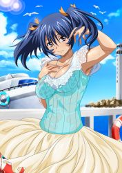 Rule 34 | 00s, 1girl, bashoku youjou, blue hair, breasts, cleavage, female focus, hair ornament, ikkitousen, large breasts, legs, looking at viewer, lowres, purple eyes, short twintails, skirt, sky, smile, solo, twintails