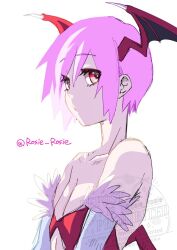 1girl bare_shoulders cutout_above_navel darkstalkers demon_wings english_text flat_chest head_wings leotard lilith_(darkstalkers) low_wings multiple_wings purple_hair red_eyes red_leotard rosie_rosie simple_background solo twitter_username upper_body watermark white_background wings