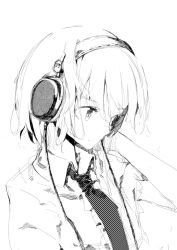 Rule 34 | 1girl, alice margatroid, alternate costume, arm behind head, arm up, blush, closed mouth, collared shirt, contemporary, from side, greyscale, hair between eyes, halftone, hatching (texture), headphones, hifiman, light frown, linear hatching, looking away, mieharu, monochrome, necktie, nose blush, product placement, shirt, short hair, short sleeves, simple background, sketch, solo, split mouth, touhou, upper body, white background, wing collar