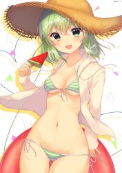 Rule 34 | 1girl, :d, absurdres, bikini, blush, breasts, brown hat, collarbone, commentary request, drawstring, dutch angle, fang, food, front-tie bikini top, front-tie top, gluteal fold, green eyes, green hair, groin, hair between eyes, hand up, hat, head tilt, highres, holding, holding food, hood, hood down, hooded jacket, innertube, jacket, komeiji koishi, long hair, long sleeves, looking at viewer, medium breasts, navel, nenobi (nenorium), open clothes, open jacket, open mouth, popsicle, red innertube, side-tie bikini bottom, sleeves past wrists, smile, solo, straw hat, striped bikini, striped clothes, swim ring, swimsuit, thigh gap, touhou, twitter username, watermelon bar, white background, white jacket
