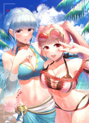 Rule 34 | 2girls, absurdres, alternate costume, arm around waist, artist name, battery indicator, beach, bikini, blue bikini, blue hair, blue nails, blunt bangs, breasts, cleavage, cloud, commentary request, cowboy shot, day, eyewear on head, fire emblem, fire emblem: three houses, frilled bikini, frills, hair bun, highres, hilda valentine goneril, large breasts, long hair, looking at viewer, marianne von edmund, multiple girls, nail polish, navel, nintendo, official alternate costume, open mouth, outdoors, parupome, pink bikini, pink hair, recording, red nails, sarong, single hair bun, sunglasses, swimsuit, teeth, tongue, twintails, twitter username, v, water, watermark
