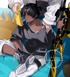 Rule 34 | 1boy, 1other, arknights, black footwear, black hair, black shirt, closed mouth, collarbone, commentary, cowboy shot, dark skin, dated, english commentary, gift, hand on another&#039;s shoulder, happy birthday, highres, holding, holding gift, holding sword, holding weapon, jacket, jewelry, male focus, mtk (souko), necklace, one eye closed, pants, pants rolled up, shirt, shoes, short ponytail, short sleeves, sitting, sword, thorns (arknights), weapon, white jacket, white pants, yellow eyes