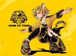 Rule 34 | 1girl, animal ears, black hair, blonde hair, blush, highres, jacket, leggings, multicolored hair, original, outstretched arms, red eyes, ryuu tou, shoes, smile, sneakers, spread arms, tail, tiger, tiger ears, tiger girl, tiger tail, two-tone hair, yellow background, yellow jacket, yellow theme