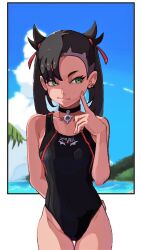 1girl 2049_(hh5566) aqua_eyes arm_behind_back asymmetrical_bangs beach black_hair black_one-piece_swimsuit breasts casual_one-piece_swimsuit child choker clenched_hand collarbone creatures_(company) day earrings eyelashes female_focus finger_to_cheek fingernails game_freak groin hair_ornament hand_up highres jewelry legs_together light_smile long_hair marnie_(pokemon) nintendo one-piece_swimsuit outdoors pendant_choker pokemon pokemon_swsh pout punk sideways_glance single_earring sky small_breasts standing summer swimsuit thigh_gap thighs tsundere twintails undercut