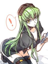 Rule 34 | 1girl, breasts, c.c., cleavage, code geass, creayus, green hair, hat, long hair, looking at viewer, nurse, nurse cap, simple background, solo, thermometer, thighhighs, white background, yellow eyes