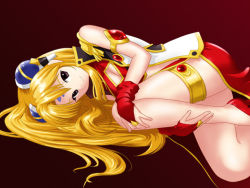 Rule 34 | 00s, 1girl, ass, blonde hair, breasts, brooch, brown eyes, cleavage, female focus, galaxy angel, gem, gradient background, headphones, jewelry, long hair, looking at viewer, lying, on side, ponetsu, ponnetsu, ranpha franboise, solo, thigh strap, thighs