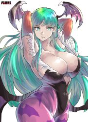 Rule 34 | 1girl, armpits, arms behind head, bat wings, breasts, capcom, chikoinochi, covered navel, curvy, demon girl, green eyes, green hair, highres, large breasts, legs, leotard, long hair, morrigan aensland, parted lips, smile, solo, thick thighs, thighs, vampire (game), wide hips, wings