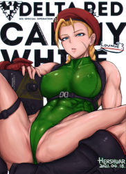 Rule 34 | 1girl, ?, abs, ahoge, antenna hair, arm up, artist name, bare shoulders, beret, biceps, black footwear, blonde hair, blue eyes, boots, braid, breasts, buttons, cameltoe, cammy white, capcom, character name, chest harness, collarbone, colored skin, combat boots, controller, covered erect nipples, covered navel, dated, emblem, english text, eyelashes, facial scar, fingerless gloves, gauntlets, gloves, green leotard, harness, hat, hershuar, highleg, highleg leotard, holster, insignia, joystick, legs, leotard, looking at viewer, medium breasts, muscular, muscular female, name tag, navel, nipples, open mouth, red gloves, red hat, red socks, scar, scar on cheek, scar on face, sitting, socks, solo, speech bubble, spread legs, street fighter, thick thighs, thigh holster, thigh strap, thighs, tight clothes, toned, tumblr username, twin braids, twintails, twitter username, white background, white skin