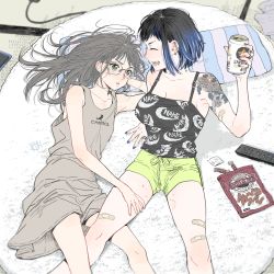 Rule 34 | 2girls, :d, bandaid, bite mark, can, candy, closed eyes, controller, dress, food, futon, glasses, grey eyes, grey hair, hand on thigh, holding, holding can, katoh oh, long hair, lying, multiple girls, open mouth, original, pillow, remote control, shorts, smile, sundress, tank top, tattoo, yuri