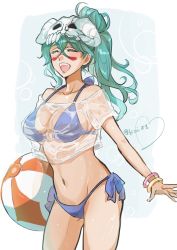 Rule 34 | 1girl, ball, beachball, bikini, bleach, bleach: brave souls, breasts, cleavage, closed eyes, facial mark, green hair, hair between eyes, happy, large breasts, long hair, navel, nelliel tu odelschwanck, open mouth, ponytail, scar, scar on face, scar on forehead, see-through, skull hat, smile, swimsuit, tagme
