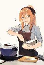Rule 34 | 1girl, :d, apron, blush, brown hair, chocolate, collar, collared shirt, cutting board, dress shirt, duoyuanjun, eyebrows, food, girls&#039; frontline, green eyes, hair between eyes, hair ornament, head tilt, highres, holding, icing, kitchen knife, knife, long hair, long sleeves, looking at viewer, looking back, mixing, mixing bowl, musical note, open mouth, personification, ponytail, pot, quaver, ribbon, shirt, simple background, sleeves rolled up, smile, solo, spoken musical note, springfield (girls&#039; frontline), stove, upper body, whisk, wing collar
