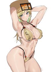 Rule 34 | 1girl, absurdres, armpits, arms behind head, arms up, ashiomi masato, bikini, blonde hair, blue eyes, breasts, cleavage, collarbone, fur hat, guilty gear, guilty gear strive, hair over one eye, hat, highres, large breasts, long hair, looking at viewer, millia rage, navel, sideboob, simple background, solo, stomach, swimsuit, thick thighs, thighs, ushanka, white background, wide hips, yellow bikini