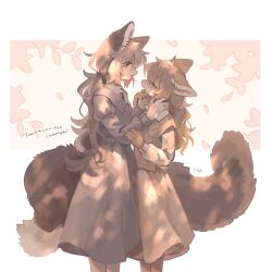 Rule 34 | 2girls, animal ears, blue dress, body fur, brown fur, brown hair, brown skirt, brown vest, closed eyes, commentary, commission, dappled sunlight, dress, face-to-face, feet out of frame, fewer digits, fox ears, fox girl, fox tail, from side, furry, furry female, gomafuto, hand on another&#039;s arm, hand on another&#039;s neck, highres, juliet sleeves, long hair, long sleeves, looking at another, low ponytail, multiple girls, open mouth, orange eyes, original, pink background, pixiv commission, profile, puffy sleeves, shirt, simple background, skirt, skirt set, smile, standing, sunlight, tail, two-tone background, vest, white background, white shirt, yuri