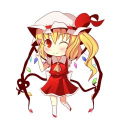 Rule 34 | 1girl, bad id, chibi, female focus, flandre scarlet, full body, hat, lowres, one eye closed, simple background, solo, takabe, touhou, white background, wink