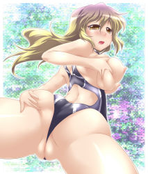 Rule 34 | 1girl, ass, blush, breasts, cameltoe, competition swimsuit, female focus, gradient hair, highres, hijiri byakuren, large breasts, long hair, md5 mismatch, multicolored hair, nipples, one-piece swimsuit, purple hair, pussy, solo, swimsuit, touhou, two-tone hair, uncensored, yellow eyes, yoshi tama