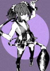Rule 34 | 1girl, absurdres, belt, black choker, bracelet, braid, choker, doi nau, fake tail, flower, hair flower, hair ornament, highres, holding, holding weapon, jewelry, mole, mole under eye, monochrome, purple background, revealing clothes, sideless outfit, solo, symonne (tales), tail, tales of (series), tales of zestiria, thighhighs, twintails, weapon, weapon behind back