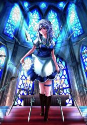 Rule 34 | 1girl, altar, apron, bad id, bad pixiv id, boots, braid, candle, candlestand, chain, church, cross-laced footwear, fire, fire, full body, hair ribbon, highres, indoors, izayoi sakuya, joujia (joooziaa), knee boots, knife, light rays, looking at viewer, maid headdress, pocket watch, puffy short sleeves, puffy sleeves, ribbon, short hair, short sleeves, grey eyes, silver hair, smile, solo, stained glass, sunbeam, sunlight, touhou, tress ribbon, twin braids, waist apron, walking, watch