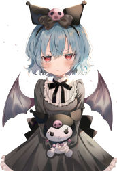 Rule 34 | 1girl, bat wings, black bow, black dress, black hairband, black ribbon, blue hair, blush, bow, commentary request, cosplay, cowboy shot, dress, gothic lolita, hair between eyes, hair bow, hair ornament, hairband, highres, holding, holding stuffed toy, kuromi, kuromi (cosplay), lolita fashion, long sleeves, looking at viewer, neck ribbon, onegai my melody, petticoat, red eyes, remilia scarlet, ribbon, sanrio, satoupote, short hair, simple background, skull hair ornament, solo, stuffed animal, stuffed toy, touhou, white background, wings