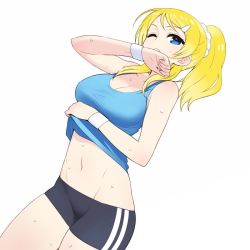 Rule 34 | 10s, 1girl, ayase eli, bike shorts, blonde hair, blue eyes, breasts, chan co, cleavage, clothes lift, cowboy shot, dutch angle, groin, hair ornament, hairclip, jpeg artifacts, large breasts, love live!, love live! school idol festival, love live! school idol project, midriff, navel, one eye closed, ponytail, shirt, shirt lift, shorts, simple background, solo, sweat, tank top, taut clothes, taut shirt, white background, wristband