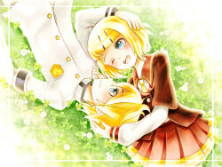 Rule 34 | 1boy, 1girl, :d, blazer, blonde hair, blue eyes, blush, brown jacket, brown skirt, couple, cowboy shot, executive student council (module), gakuran, grass, hair ornament, hairclip, hetero, holding another&#039;s head, jacket, kagamine len, kagamine rin, long sleeves, looking at another, necktie, on grass, one eye closed, open mouth, pleated skirt, project diva (series), project diva f, rara (20rupi3), school uniform, shirt, skirt, smile, trad school (module), vocaloid, white gakuran, white shirt, yellow necktie