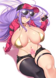 Rule 34 | 1girl, aster crowley, bb (fate), bikini, blush, breasts, cleavage, fate/extra, fate/extra ccc, fate/grand order, fate (series), gold bikini, hat, highres, huge breasts, long hair, long sleeves, looking at viewer, navel, pink hat, purple eyes, purple hair, short shorts, shorts, solo, swimsuit, thighhighs, thighs