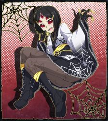 Rule 34 | 1girl, arthropod girl, black hair, boots, brown socks, carapace, chuunioniika, claws, commentary, cross-laced footwear, english commentary, extra eyes, fangs, full body, hair ornament, hairclip, highres, insect girl, japanese clothes, jorougumo, knee boots, lace-up boots, lace trim, legs together, miniskirt, monster girl, no pupils, obi, original, panties, panties under pantyhose, pantyhose, parted bangs, petite, polka dot, polka dot background, print legwear, red eyes, sash, seamed legwear, skirt, socks, solid eyes, solo, spider girl, spider web print, underwear, wide sleeves, yellow socks