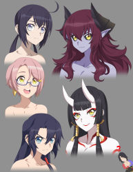 Rule 34 | 5girls, :d, ?, absurdres, black hair, black sclera, blue-framed eyewear, blue eyes, blue hair, blunt bangs, brown hair, chuunioniika, collarbone, colored sclera, colored skin, commentary, demon horns, earrings, english commentary, frown, glasses, grey background, hair between eyes, hair ornament, hair tubes, hairclip, highres, horns, jewelry, lipstick, long hair, low twintails, makeup, mole, mole under mouth, multiple girls, oni horns, open mouth, original, pale skin, parted lips, pink hair, pointy ears, purple skin, round teeth, semi-rimless eyewear, short hair, simple background, smile, tattoo, teeth, twintails, under-rim eyewear, upper teeth only, v-shaped eyebrows, yellow eyes