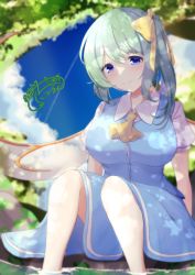Rule 34 | 1girl, absurdres, ascot, blue dress, blue eyes, blurry, blush, bow, breasts, button gap, cloud, commentary request, daiyousei, depth of field, dress, fairy wings, green hair, hair between eyes, hair bow, highres, large breasts, looking at viewer, nisson (nisiyuu), outdoors, puffy short sleeves, puffy sleeves, shirt, short hair, short sleeves, side ponytail, sidelocks, sitting, sky, smile, solo, touhou, tree, water, white shirt, wings, yellow ascot, yellow bow