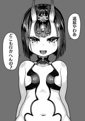 Rule 34 | 1girl, bad id, bad pixiv id, bare shoulders, choker, fangs, fate/grand order, fate (series), flat chest, greyscale, hair ornament, horns, lips, looking at viewer, midriff, monochrome, navel, oni, open mouth, plump, revealing clothes, short hair, shuten douji (fate), skin-covered horns, solo, text focus, tongue, translation request, tsurime, yukinojou yakan
