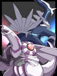 Rule 34 | absurdres, black border, black sclera, border, claws, closed mouth, colored sclera, commentary request, creatures (company), dialga, game freak, gen 4 pokemon, highres, legendary pokemon, nintendo, no humans, outside border, palkia, pokemon, pokemon (creature), red eyes, shabana may