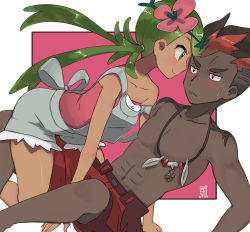 Rule 34 | 1boy, 1girl, abs, all fours, alternate color, arm support, artist logo, assertive female, bare arms, bare legs, black hair, blush, closed mouth, collarbone, creatures (company), dark-skinned female, dark-skinned male, dark skin, eye contact, face-to-face, flower, game freak, girl on top, green eyes, green hair, hair flower, hair ornament, imminent kiss, kiawe (pokemon), leaning back, long hair, looking at another, low twintails, mallow (pokemon), masso n, multicolored eyebrows, multicolored hair, navel, nintendo, off shoulder, overalls, pectorals, pink shirt, pokemon, pokemon sm, red hair, red shorts, shirt, short hair, shorts, sitting, smile, spiked hair, stomach, sweat, swept bangs, toned, topless male, trial captain, twintails, two-tone hair, very long hair