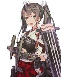 Rule 34 | 1girl, aircraft, flight deck, green eyes, grey hair, hair ribbon, hakama, hakama skirt, hip vent, holding, japanese clothes, kantai collection, kimono, konishi (koconatu), looking at viewer, muneate, official art, open mouth, red hakama, ribbon, rigging, scan, simple background, skirt, solo, tasuki, third-party source, twintails, upper body, white background, white ribbon, zuikaku (kancolle), zuikaku kai ni (kancolle)